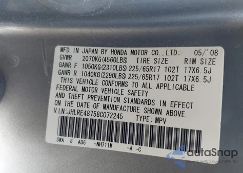 2008 Honda Cr-V Ex-L from USA, damaged, VIN JHLRE48758C072245